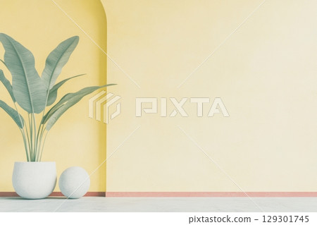 Modern interior design featuring yellow walls and green plants in a spacious room 129301745