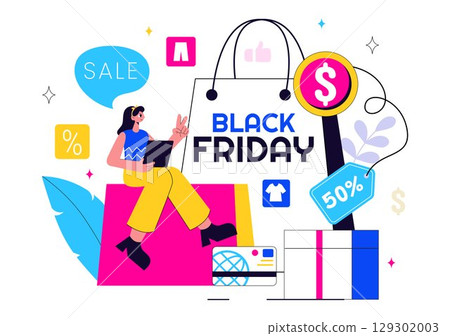 Black Friday Sale Event Vector Illustration with Shopping Paper Bags and Big Promotional Discounted Goods for Marketing in a Flat Style Background Black Friday Sale Event Vector Illustration with Shopping Paper Bags and Big Promotional Discounted Goods for Marketing in a Flat Style Background 129302003