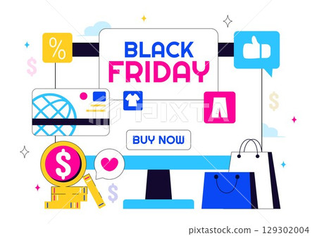Black Friday Sale Event Vector Illustration with Shopping Paper Bags and Big Promotional Discounted Goods for Marketing in a Flat Style Background Black Friday Sale Event Vector Illustration with Shopping Paper Bags and Big Promotional Discounted Goods for Marketing in a Flat Style Background 129302004