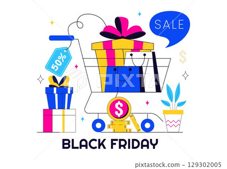 Black Friday Sale Event Vector Illustration with Shopping Paper Bags and Big Promotional Discounted Goods for Marketing in a Flat Style Background Black Friday Sale Event Vector Illustration with Shopping Paper Bags and Big Promotional Discounted Goods for Marketing in a Flat Style Background 129302005