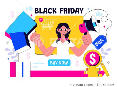 Black Friday Sale Event Vector Illustration with Shopping Paper Bags and Big Promotional Discounted Goods for Marketing in a Flat Style Background 129302006