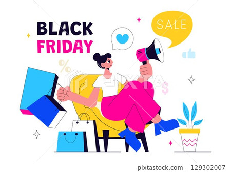 Black Friday Sale Event Vector Illustration with Shopping Paper Bags and Big Promotional Discounted Goods for Marketing in a Flat Style Background 129302007