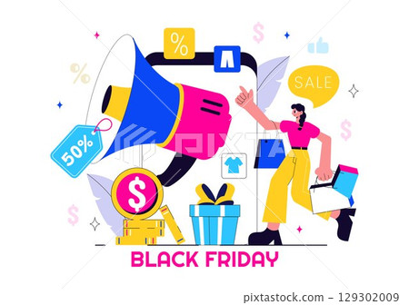 Black Friday Sale Event Vector Illustration with Shopping Paper Bags and Big Promotional Discounted Goods for Marketing in a Flat Style Background 129302009