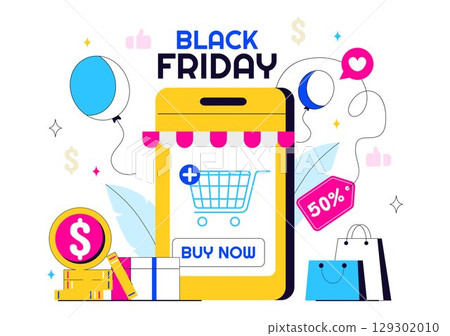Black Friday Sale Event Vector Illustration with Shopping Paper Bags and Big Promotional Discounted Goods for Marketing in a Flat Style Background 129302010