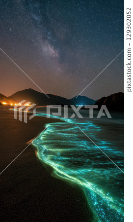 Bioluminescent wave, night beach, starry sky, mountain, tranquil, glowing water Bioluminescent wave, night beach, starry sky, mountain, tranquil, glowing water 129302052