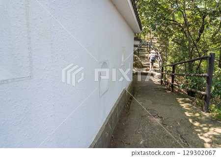 Gifu City, Gifu Prefecture: A narrow white wall and people climbing the path to Gifu Castle 129302067