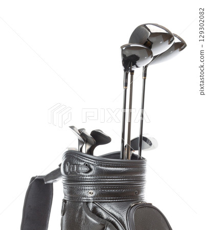 Black Leather Golf Bag with A Set of Golf Clubs Isolated on a White Background. 129302082