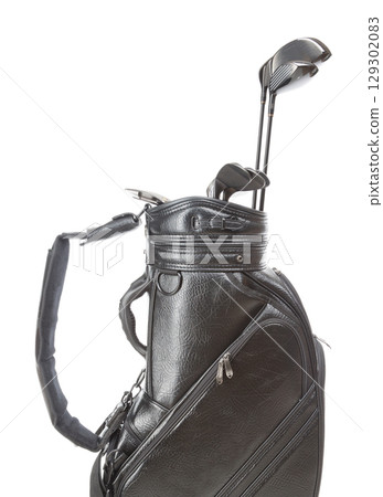 Black Leather Golf Bag with A Set of Golf Clubs Isolated on a White Background. 129302083