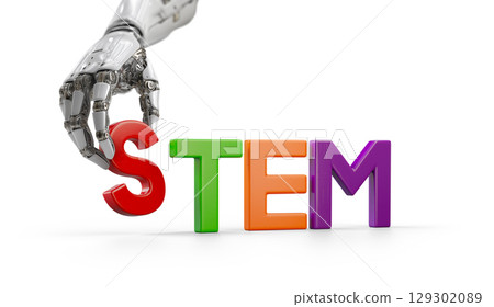 Robotic Hand Placing Magnetic Plastic Letter Down Next to Other Letters to Spell STEM for Science, Technology, Engineering, and Mathematics Isolated on a White Background. Generative AI. 129302089