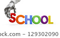 Robotic Hand Placing Magnetic Plastic Letter Down Next to Other Letters to Spell School Isolated on a White Background. Generative AI. 129302090