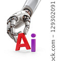Robotic Hand Placing Magnetic Plastic Letter Down Next to the Letter i to Spell Ai for Artificial Intelligence Isolated on a White Background. Generative AI. 129302091