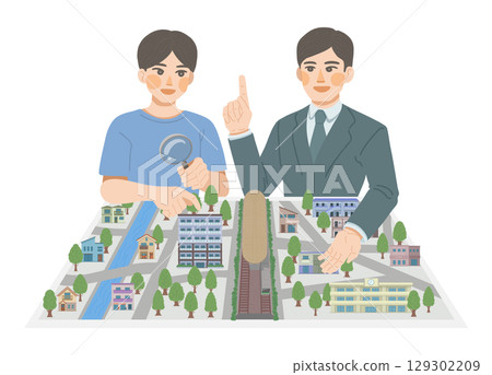 一位男銷售員講解生活條件，一位男顧客正在聽講解的插圖 129302209