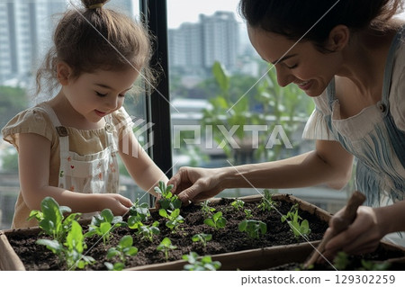 Mother and Daughter Gardening Together Nurturing Plants in a Window Box 129302259