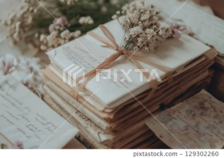 Elegant Stack of Handwritten Letters Tied with a Ribbon and Dried Flowers 129302260