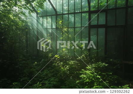 Sunlight Streaming Through an Abandoned Greenhouse Amidst Lush Vegetation 129302262
