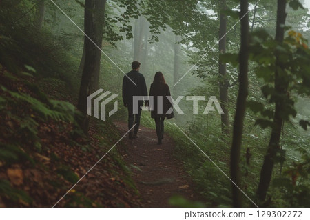Couple Walking Hand in Hand Through a Misty Forest Path 129302272