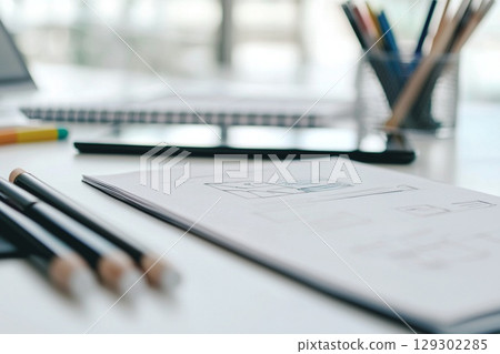 Creative Sketching in Progress Pencils and Notebook on a Workspace 129302285
