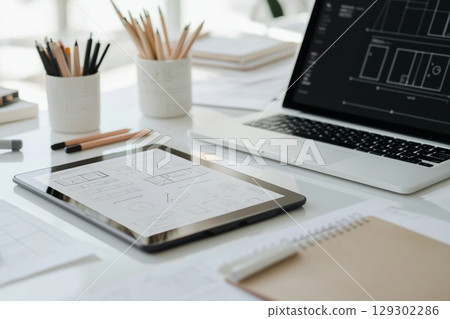 Modern Workspace Digital Sketching and Laptop Design Collaboration Modern Workspace Digital Sketching and Laptop Design Collaboration 129302286