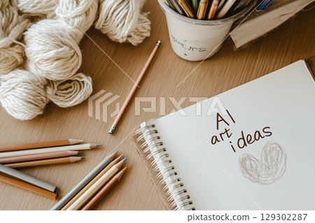 Creative Workspace AI Art Ideas and Craft Supplies on a Wooden Desk 129302287