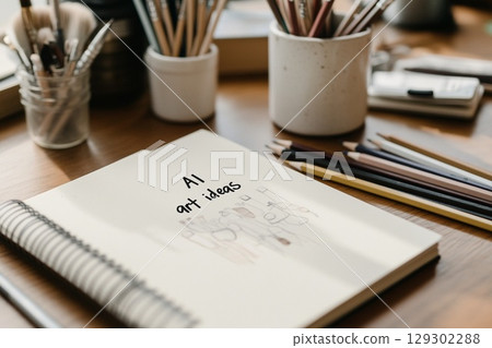 AI Art Ideas Notebook Creative Workspace with Pencils and Brushes 129302288