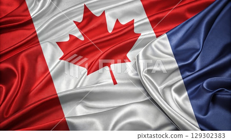 Canadian and French Flags Intertwined with Soft Textures on Fabric Surface 129302383