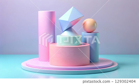 Colorful Abstract Display with Geometric Shapes in Pastel Tones Colorful Abstract Display with Geometric Shapes in Pastel Tones 129302404