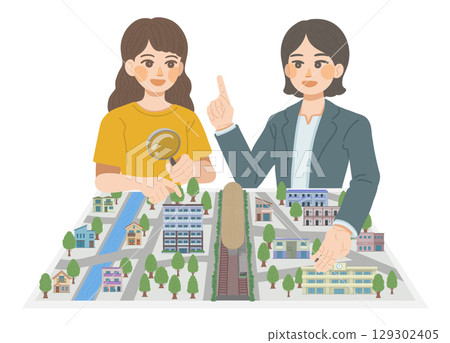 女銷售員講解居住環境，女顧客聆聽講解的插圖 129302405