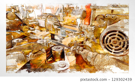 Sketch style sketch masu traditional factory factory handmade craftsman handcrafted measuring instrument technique wood wood processing machine 129302439