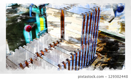 Sketch style sketch masu traditional factory factory handmade craftsman handcrafted measuring instrument technique wood wood processing machine 129302448