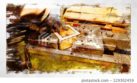 Sketch style sketch masu traditional factory factory handmade craftsman handcrafted measuring instrument technique wood wood processing machine 129302459