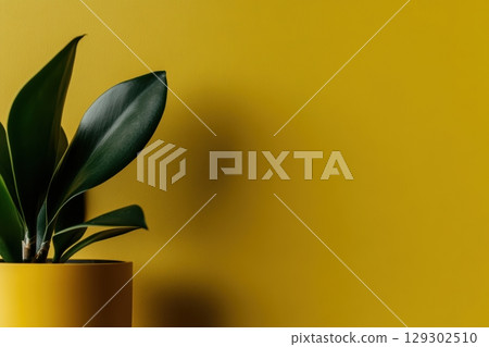 Stylish indoor plant in yellow pot against vibrant yellow wall enhancing modern decor 129302510
