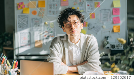A Japanese man is developing a UX plan 129302617