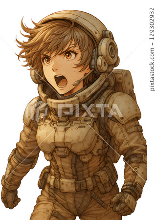 身著太空衣的女兵佇立荒野,緊張的未來主義戰鬥場景,前線指揮的女兵 身著太空衣的女兵佇立荒野,緊張的未來主義戰鬥場景,前線指揮的女兵 129302932