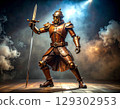 Illustration of a wooden automaton knight in steampunk-style armor 129302953