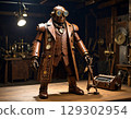 An automaton illustration of a wooden watchmaker robot dressed in steampunk costume 129302954