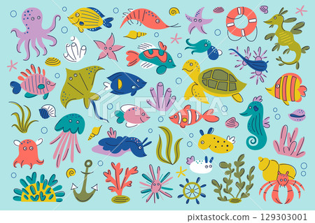 Flat cartoon vector illustration set of colorful fish and exotic sea animals in kids style. Coral reef underwater world with ocean wildlife, sea plants, marine creatures, shells for childrens designs Flat cartoon vector illustration set of colorful fish and exotic sea animals in kids style. Coral reef underwater world with ocean wildlife, sea plants, marine creatures, shells for childrens designs 129303001