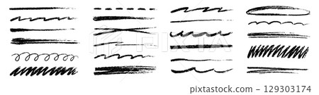 Line brush pencil stroke underline set. Hand drawn underline, crayon and chalk texture in grunge sketch scribble style for kid paper design. Rough crayon marker frame element. Vector 129303174