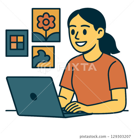 Cheerful woman working laptop, surrounded by colorful artwork wall, expresses creativity 129303207