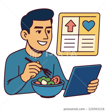 Healthy eating and technology combine as man enjoys salad while using tablet 129303216