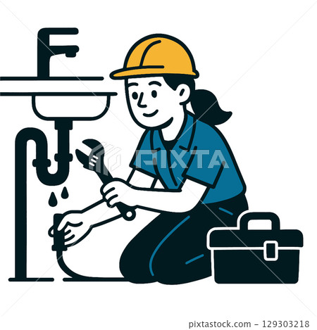 Plumber fixing sink with tools, wearing hard hat, smiling, professional work 129303218