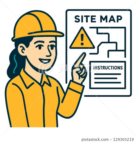 Construction worker pointing at site map with instructions, ensuring safety and clarity 129303219