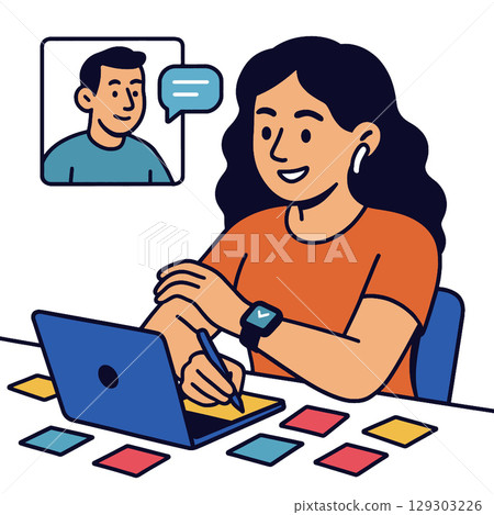 Person working on laptop, engaged in conversation, with colorful sticky notes around 129303226