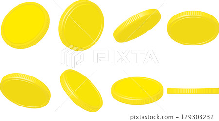 從不同角度看到的一組黃色硬幣 129303232