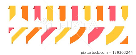 Bookmarks and ribbon banners set. Yellow, orange and red note and mark element collection. Different labels and badges pack for promotion, product decoration, price tag, discount sticker. Vector 129303244