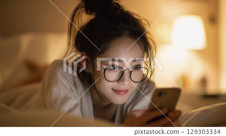 一個女孩趴在床上看著她的智慧型手機 一個女孩趴在床上看著她的智慧型手機 129303334