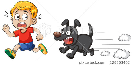 Boy Running from Angry Dog in Cartoon Style 129303402