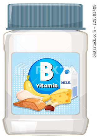 Vitamin B Supplement Bottle with Food Sources Illustration 129303409