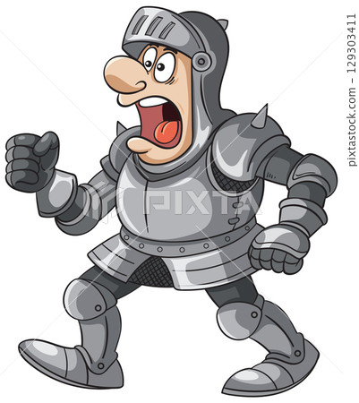 Cartoon Knight in Armor Expressing Anger 129303411
