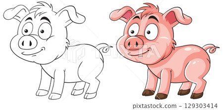 Cute Cartoon Pig in Color and Outline 129303414
