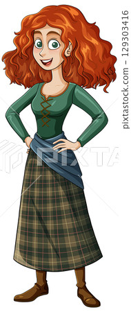 Red-Haired Cartoon Girl in Plaid Skirt Standing Confidently Red-Haired Cartoon Girl in Plaid Skirt Standing Confidently 129303416